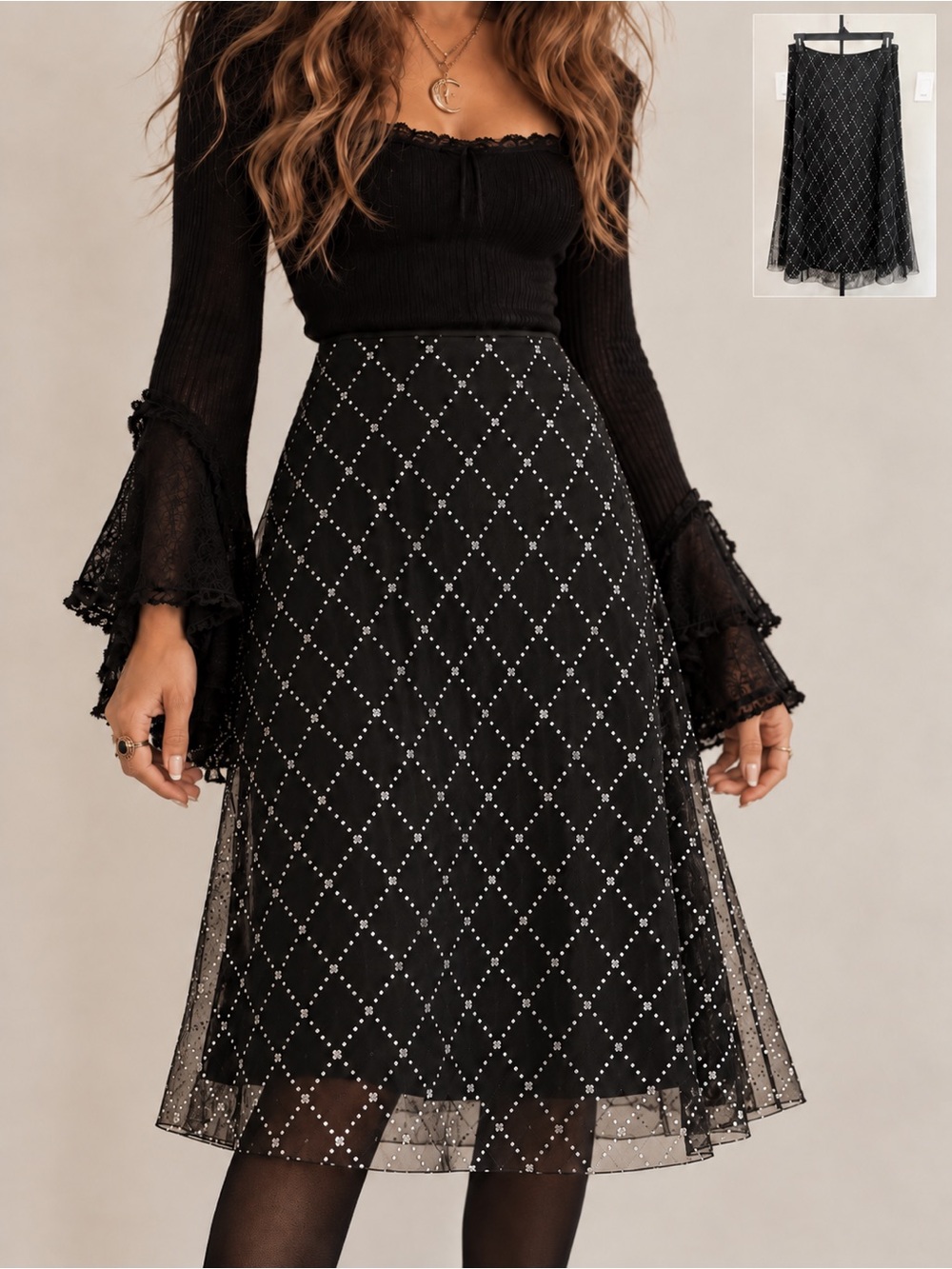 Vintage 90s / Y2K Adrianna Papell Whimsigoth Glitter Mesh Skirt Practical Magic
